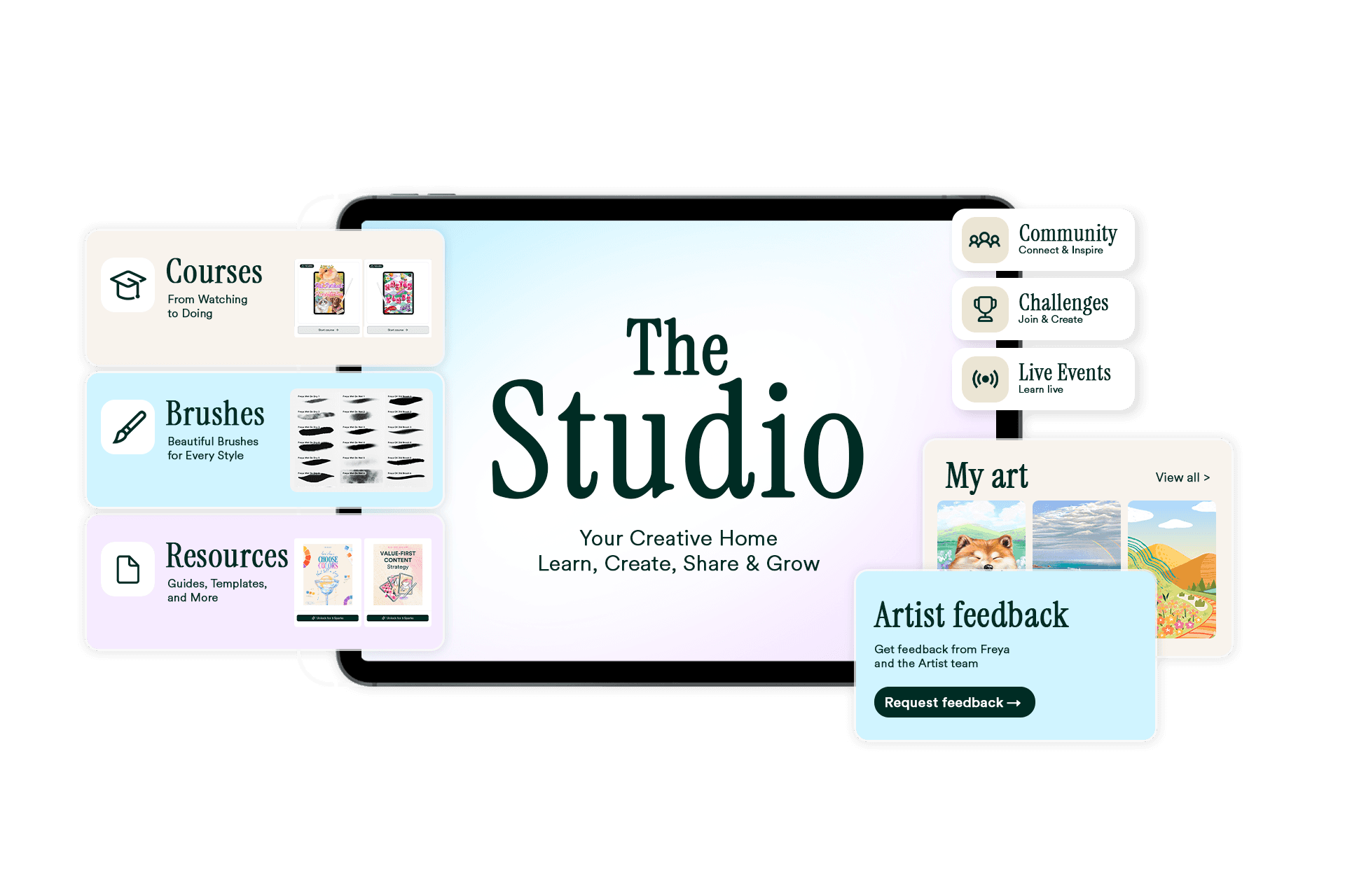 Twotap Studio: courses, brushes, resources, community, challenges, live events, your art, and artist feedback