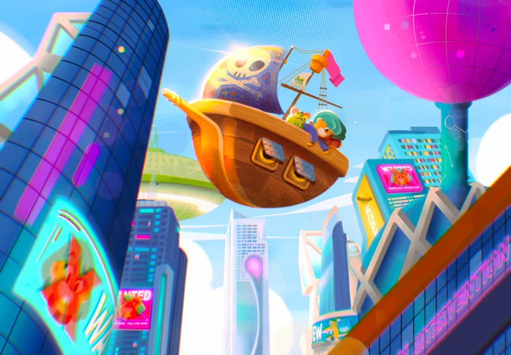 A colorful flying ship above a city, by Twotap Summit instructor Nuiarte